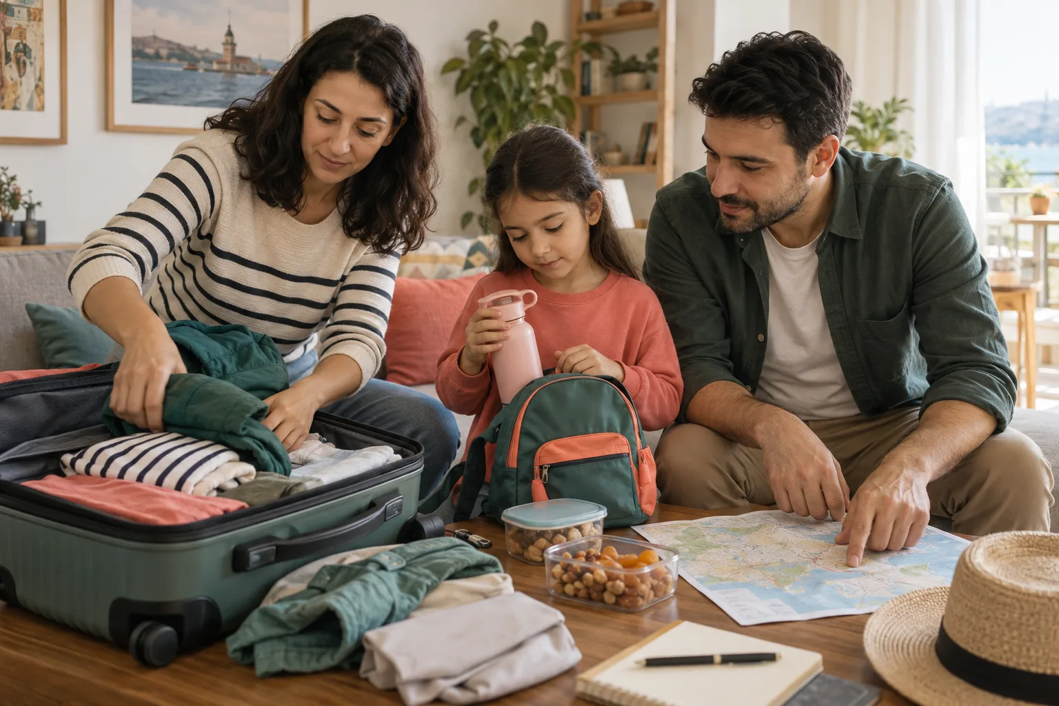 Tur öncesinde valiz ve çocuk çantası hazırlayan aile